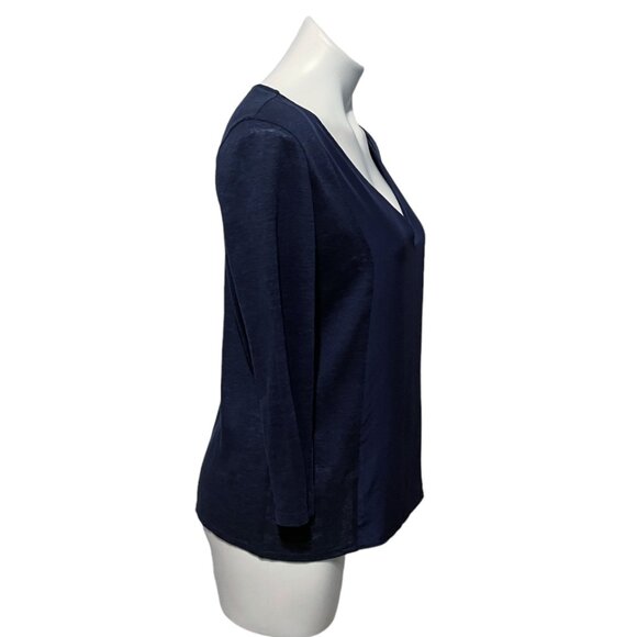 Sandro Paris Medium Large Long Sleeve V Neck Navy Linen Silk Blend Top - Picture 3 of 7